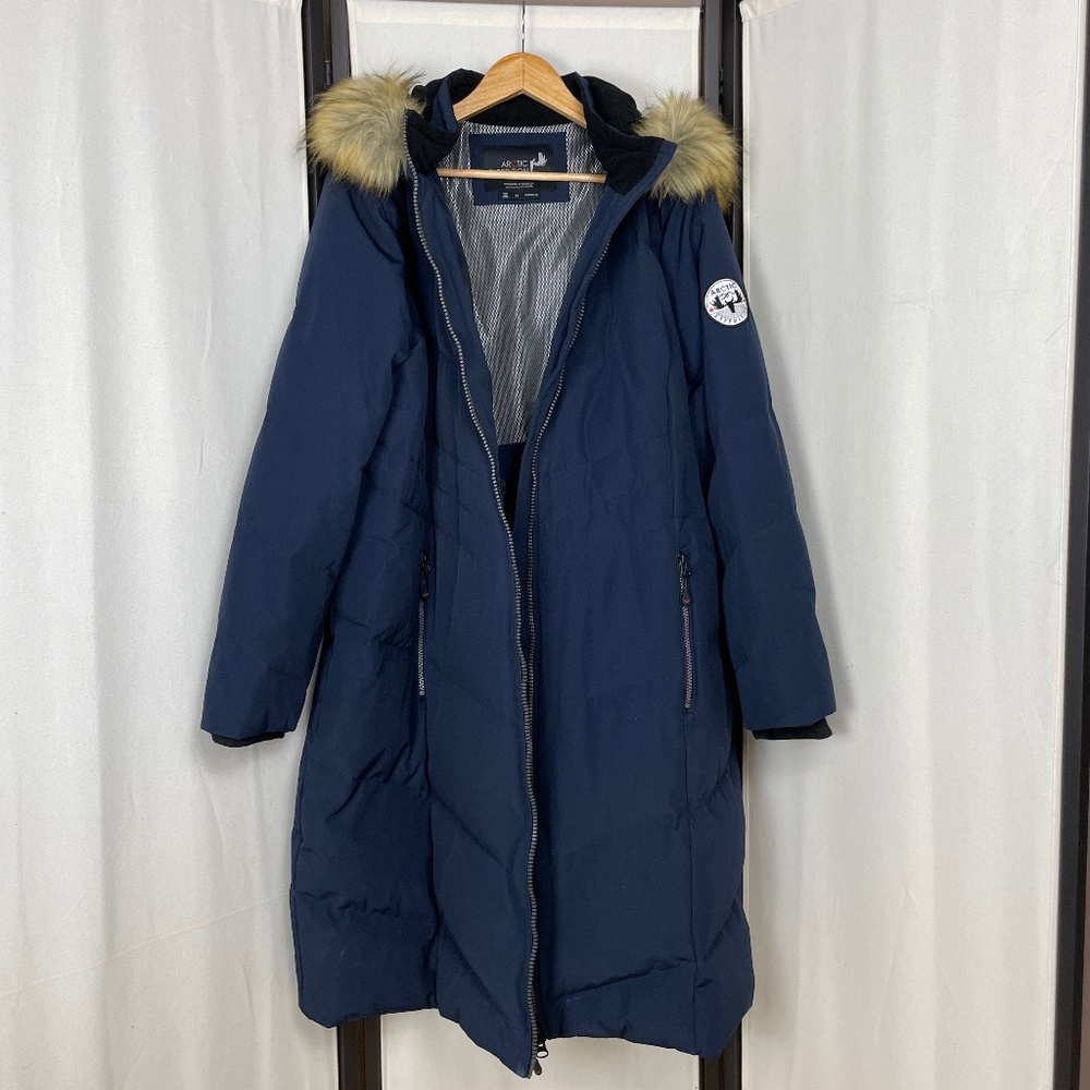 Arctic Expedition Winter Down Navy Long Parka Jacket Faux Fur Trim Hood Size 1X